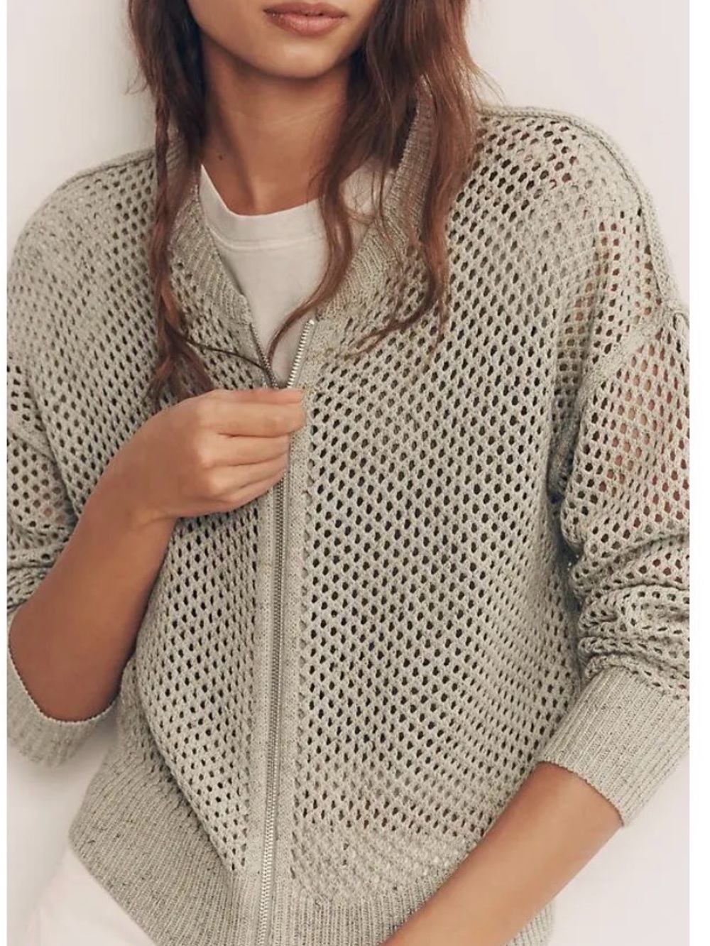 Pilcro Sage Green Open-Knit Zip Cardigan Size M